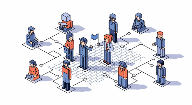 A city tour guide with flag leads a group on a map path isometric vector art