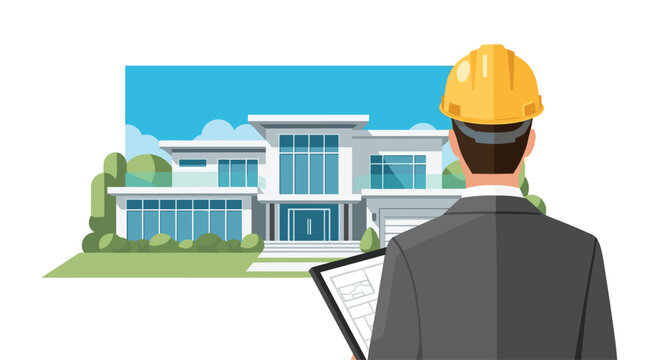 A professional architect in a yellow hard hat looks at a modern luxury house design while holding a digital tablet in a clean outdoor setting.