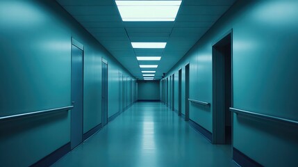 Obraz premium Long, empty hospital corridor featuring teal lighting, clean floors, and numerous doors, creating a sense of quiet and the unknown within a healthcare environment