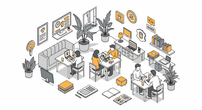 Modern cafe with people who eat burgers and work on laptops at small office desks and chairs