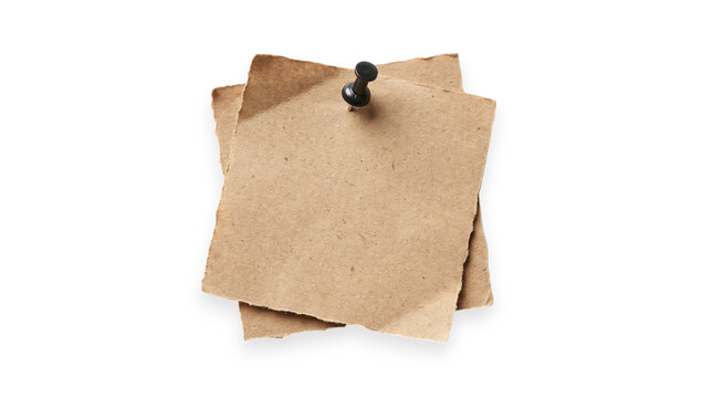 Two torn blank kraft paper notes pinned with a black tack on a transparent background