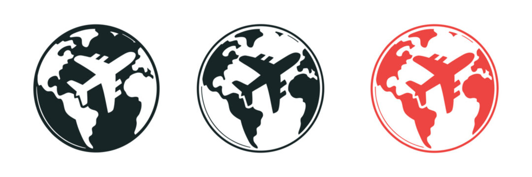 Airplane and globe icon set, plane flying around the earth symbol, global travel and aviation concept, clean modern isolated vector illustration.