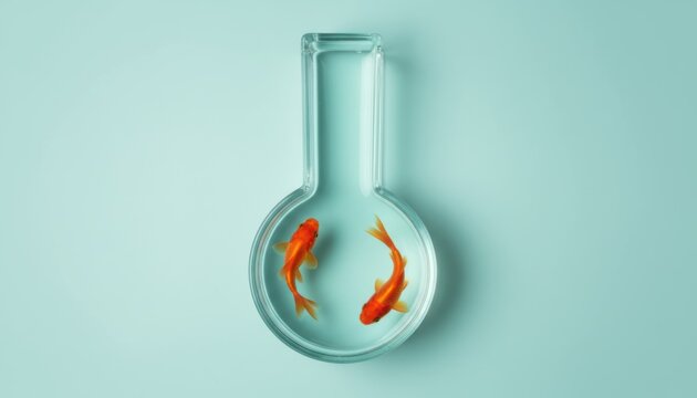 Two goldfish swimming inside glass flask filled with clear water on turquoise background symbolizing science and nature interconnection concept