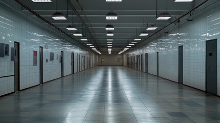 Fototapeta premium Long empty institutional corridor with tiled walls and numerous doors extending into the distance, reflecting light on the polished floor, symbolizing confinement and a sense of isolation