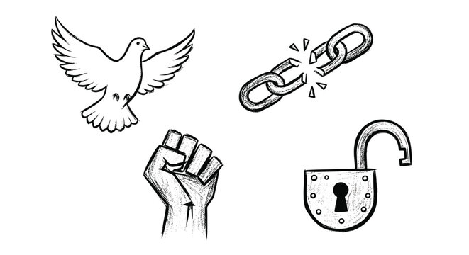 Symbols of freedom, peace, and breaking chains with a raised fist