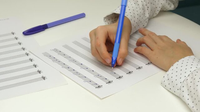 Close-up of child writing music notes on sheet at home, practicing composition and learning music theory. Concept of music education, creativity and skill development, focused study, horizontal video.