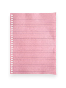 Blank pink lined notebook paper sheet with binder holes on a transparent background