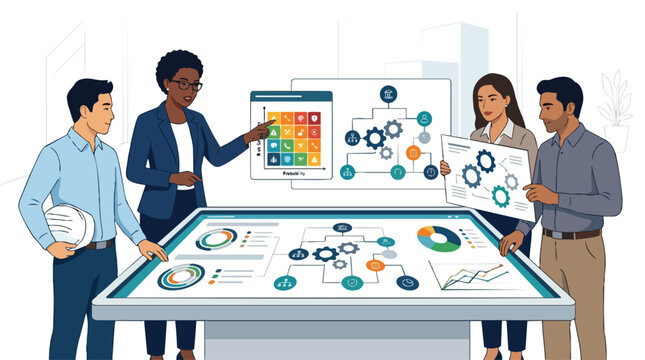 Diverse Team Collaboration Analyzing Industry Risk Assessment Matrix and Workflow Diagram on Interactive Table