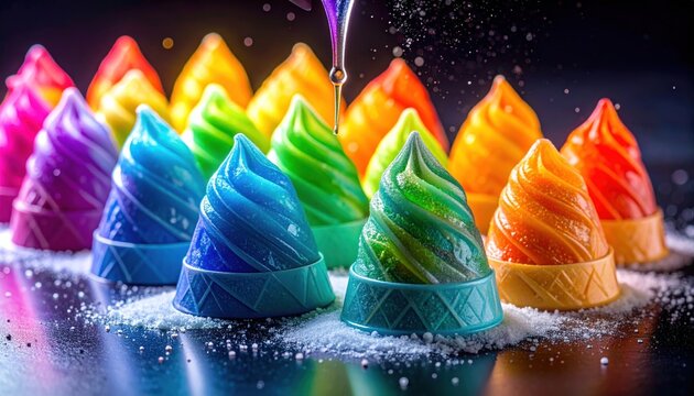 Colorful ice cream cones in row, with liquid drizzled on one, on reflective surface