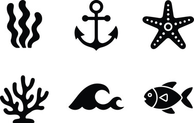 Nautical ocean life icon set featuring seaweed anchor starfish coral sea wave and fish silhouettes in minimalist style 18 words © Yesrath Hasan