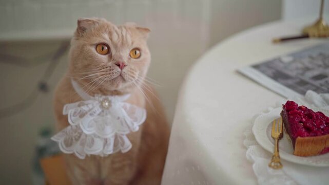 Cute cat wearing jabot sitting at a festive tea table. Elegant feline wearing lace collar near dessert table for dining room decor theme. Vintage aesthetic