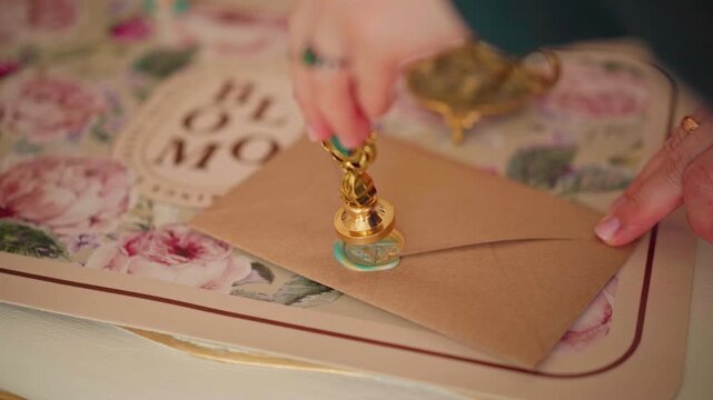 Elegant wax seal on brown envelope, desktop with vintage decor, wedding invitations, branding, or personal correspondence, letter writing, pen pal, handwritten letter, snail mail