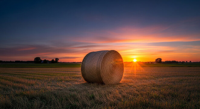 Golden hay bale, sunset landscape, rural scenery, agriculture field