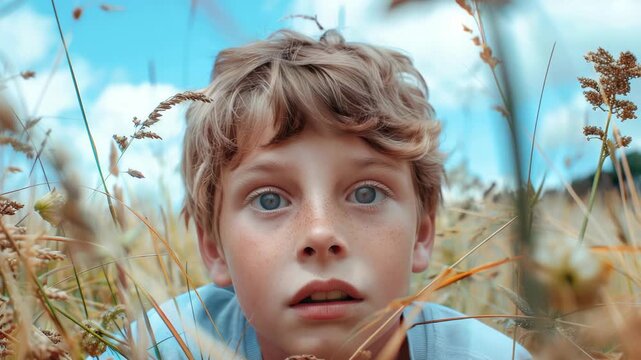 Young boy with red hair and freckles looking up at the camera while surrounded by tall grass and wildflowers