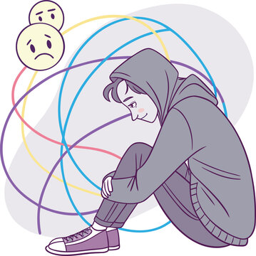 Sad Teenager, Mental Health, Anxiety, Depression Vector Illustration