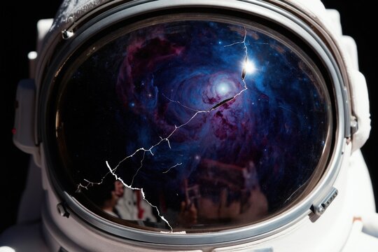 Cracked astronaut helmet shows colorful nebula and stars. Space suit visor reflects galaxy. Futuristic danger, isolation, cosmic exploration, and survival concept.