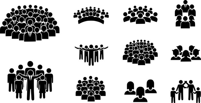 Crowd and audience people icon set showing group of people and public gathering. Vector symbols for community, society, teamwork, population, event audience and social interaction concepts 
