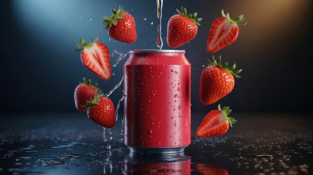 Fresh red strawberries splashing around a blank beverage can