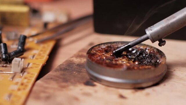Slow motion close-up of a hot soldering iron tip being dipped into a tin of rosin flux. The resulting smoke cloud highlights the intense heat and preparation for electronics repair.