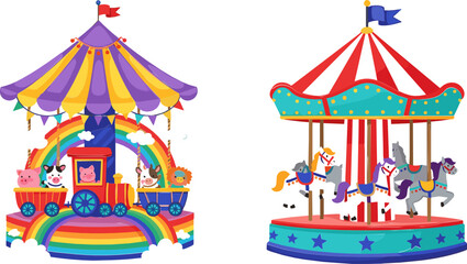 Obraz premium Colorful Cartoon Carousel Ride Set with Rainbow, Animals, and Funfair Attractions for Kids' Amusement Park Illustrations