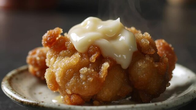Japanese chicken karaage on a small plate, ultra crisp batter in fine bubbled detail, a glossy dollop of Japanese mayo on top with micro highlights, lemon wedge squeezed nearby sending a faint citrus