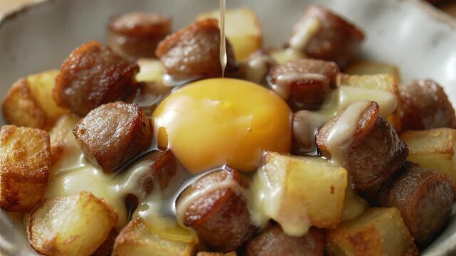 breakfast hash. Crisp potato cubes and sausage pieces in micro detail as a soft egg yolk breaks, golden liquid flooding into the crevices, melted cheese forming shiny strands between chunks, warm