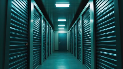 Fototapeta premium Long corridor featuring a row of secured self storage units on both sides, creating a sense of confinement and security, illuminated by overhead blue fluorescent lighting in the facility