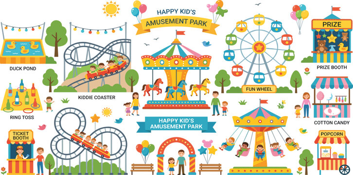 Colorful kids amusement park vector set with carousel, ferris wheel, roller coaster, carnival games, food stalls, and happy families enjoying funfair activities.