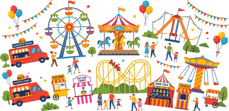 Complete carnival amusement park vector set featuring a ferris wheel carousel rollercoaster food trucks ring toss game and happy families enjoying a festive summer fair.