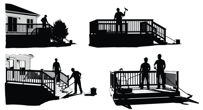 Construction workers performing deck maintenance and repairs on a sunny day