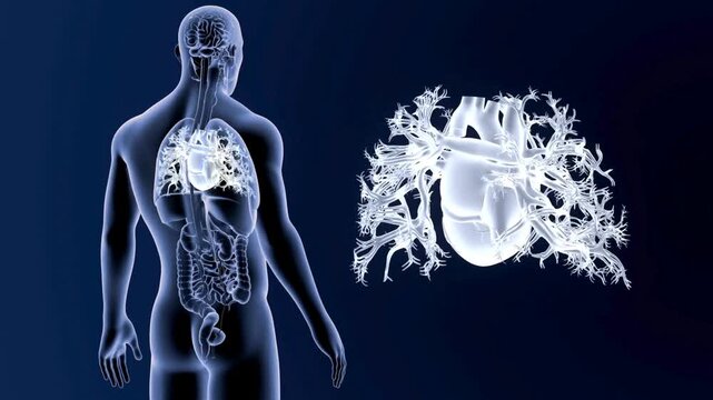 Medical illustration of the human respiratory system and heart in a male silhouette