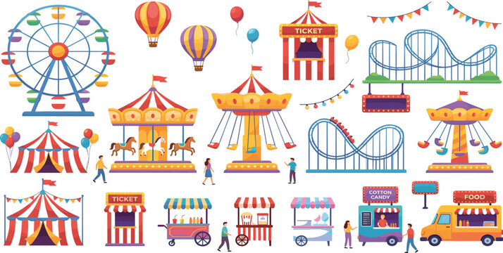 Comprehensive carnival amusement park vector set with ferris wheel, rollercoaster, carousel, hot air balloons, carnival tents, food trucks, and ticket booths.
