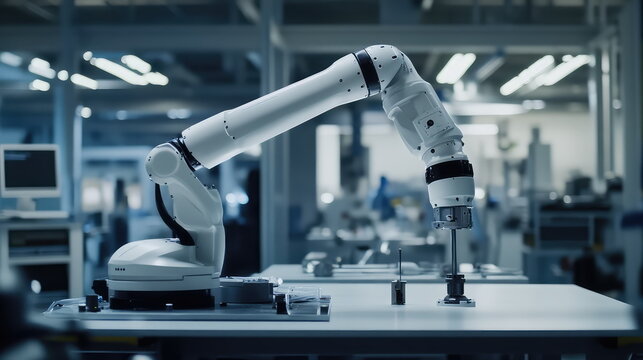 Collaborative industrial robot performing precise assembly on a smart factory line, representing advanced automation, ai driven production, efficiency and modern manufacturing progress