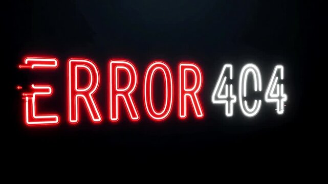 Error 404 text in glowing red and white neon lights with a glitch effect on a dark background. Perfect for page not found, broken links, website maintenance, and tech issue concepts.