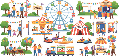Comprehensive family fun park vector set featuring a ferris wheel, carousel, circus tent, bumper cars, train ride, food stalls, and people enjoying a vibrant summer carnival festival. © MDRIFAT