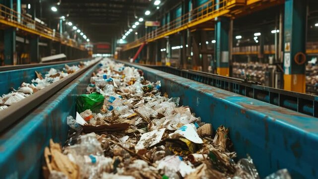 Garbage-filled dumpster in factory environment with high ceilings and yellow railings