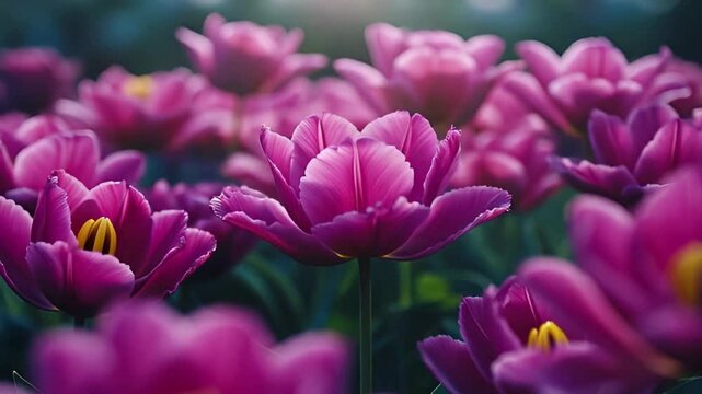 A stunning display of vibrant purple tulips, soaking in soft light amidst lush greenery, evoking tranquility and beauty.