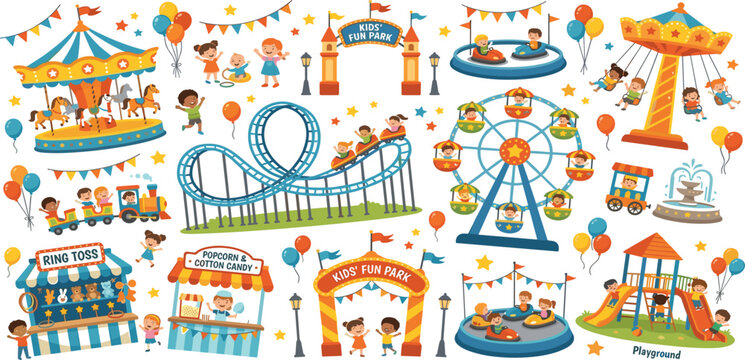 Comprehensive kids fun park amusement vector set featuring a rollercoaster ferris wheel carousel swing ride bumper cars carnival games playground and happy children playing.