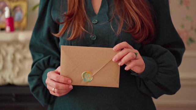 Woman holding sealed envelope with wax seal, personal message delivery, elegant communication, letter writing, pen pal, handwritten letter, snail mail, personal correspondence, vintage stationery
