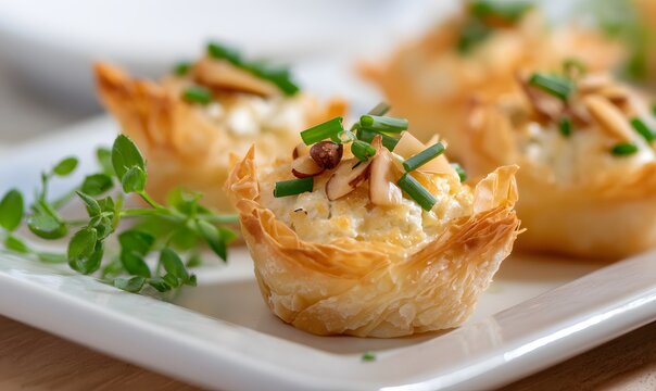 buttery phyllo appetizers topped with fresh chives and toasted almonds, golden crisp filo pastry cups filled with creamy herb cheese filling,