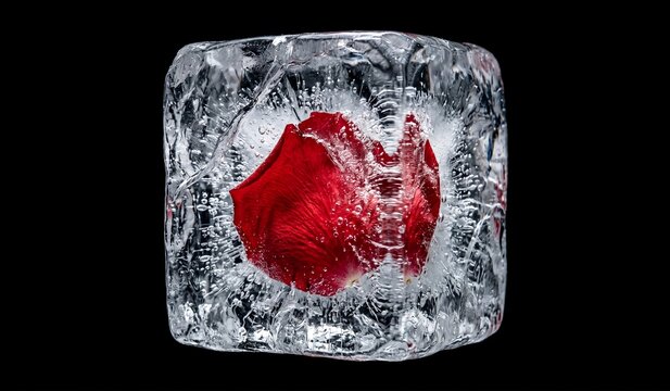 Vibrant red rose petal frozen inside a clear ice cube on black background misso bio v30