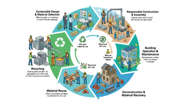 Sustainable Construction Lifecycle Illustration Diverse Workers Building Industry Recycling and Material Reuse Concept