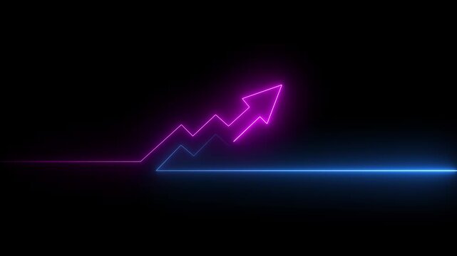 Neon glowing stock market arrow moving up on a digital graph background representing business growth.