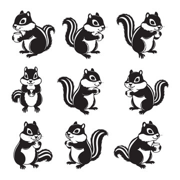 Collection of cute black and white chipmunk vector illustrations holding nuts, isolated on white background