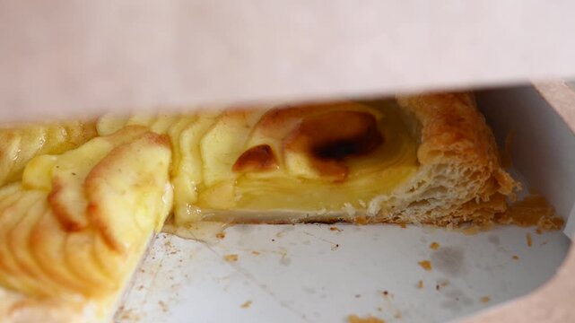Opening apple pie box close-up food unboxing