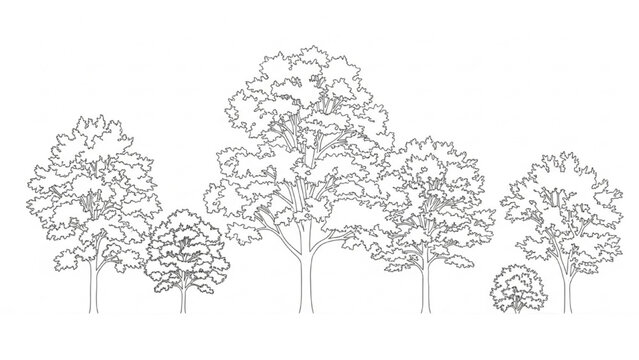 2D AutoCAD drawing of trees in a forest landscape with foliage and trunks