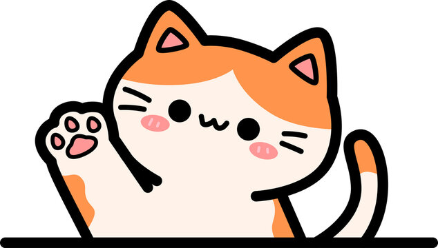 Cute cartoon orange cat waving hello, Kawaii cat greetings, Handdrawn doodle kitty wave paw