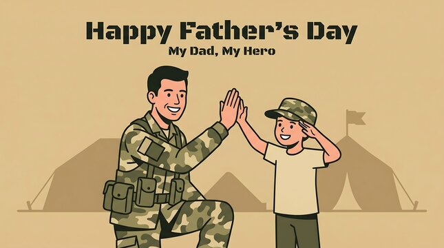 Happy father's day illustration a soldier dad high fiving his son