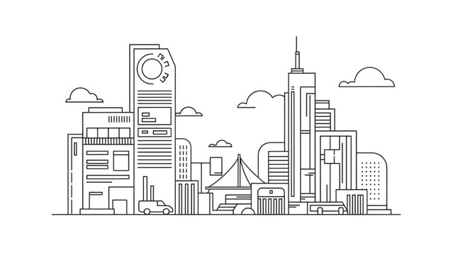 Urban landscape features 2D AutoCAD cityscape with buildings and clouds overhead.