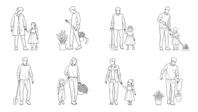 Family members interact with 2D AutoCAD garden designs and plants